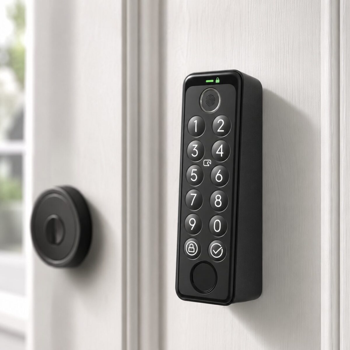 SwitchBot Lock Pro smart keypad mounted on white wood interior door