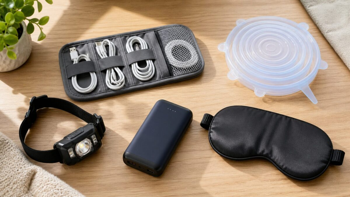 Useful everyday gadgets including cable organizer headlamp and portable charger flatlay on light wood