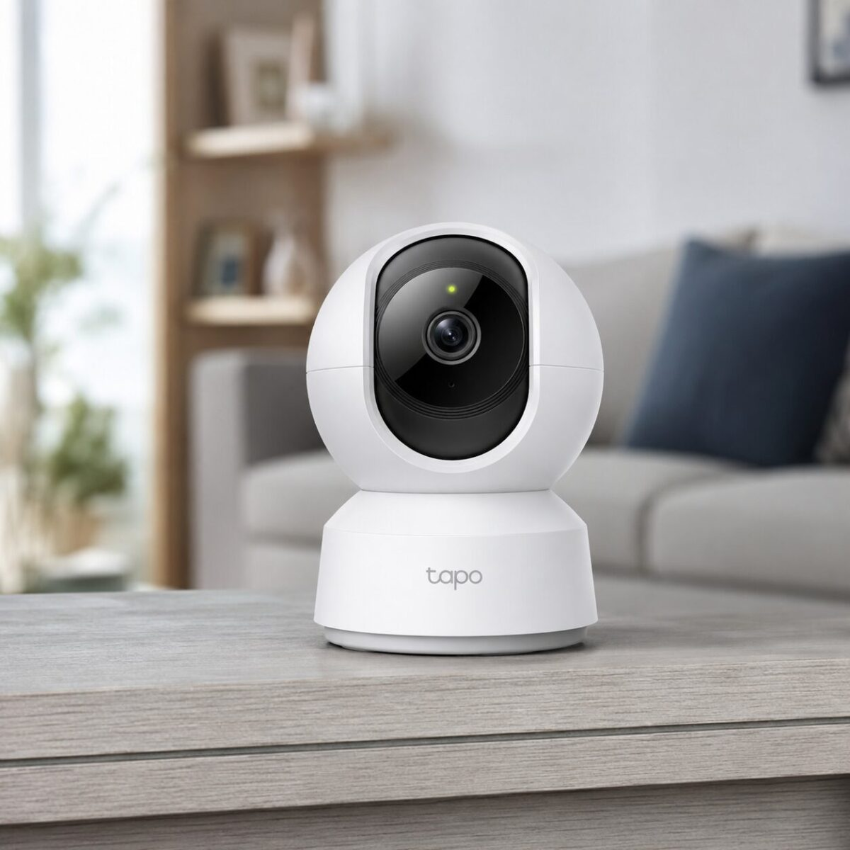 TP-Link Tapo C220 indoor pan tilt security camera on shelf