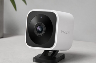 Wyze Cam v4 2.5K security camera on light gray desk