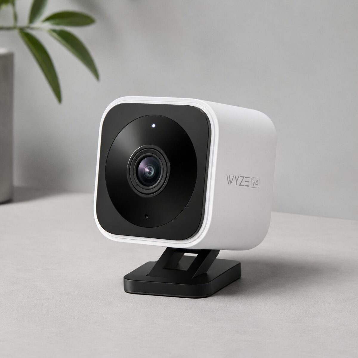 Wyze Cam v4 2.5K security camera on light gray desk