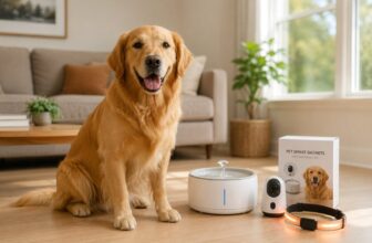 Golden retriever next to a pet water fountain, pet camera and LED collar in a bright living room