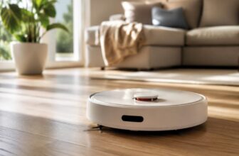 White robot vacuum cleaning a hardwood living room floor near a sofa