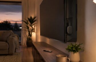 Streaming stick and remote on a media console by a wall mounted TV at dusk
