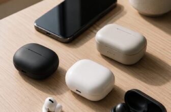 Wireless earbud charging cases on a wood desk with a phone and coffee