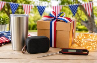 July 4th gifts under $50 flat lay with tumbler speaker and gift box