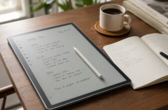 E-ink writing tablet with stylus on a wooden desk next to a notebook and coffee