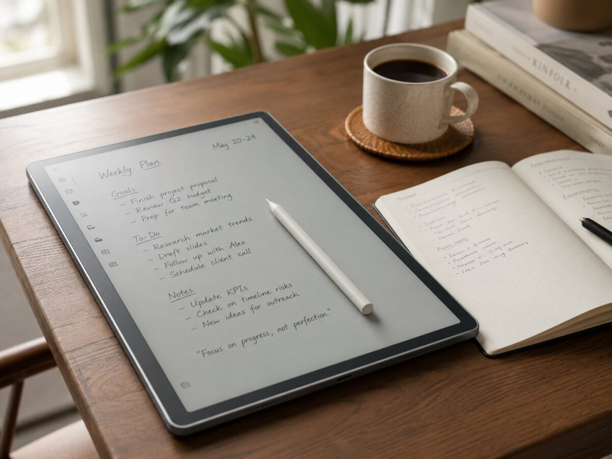 E-ink writing tablet with stylus on a wooden desk next to a notebook and coffee