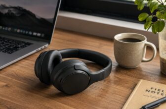 Black over-ear wireless noise cancelling headphones on a wooden desk with a laptop and coffee