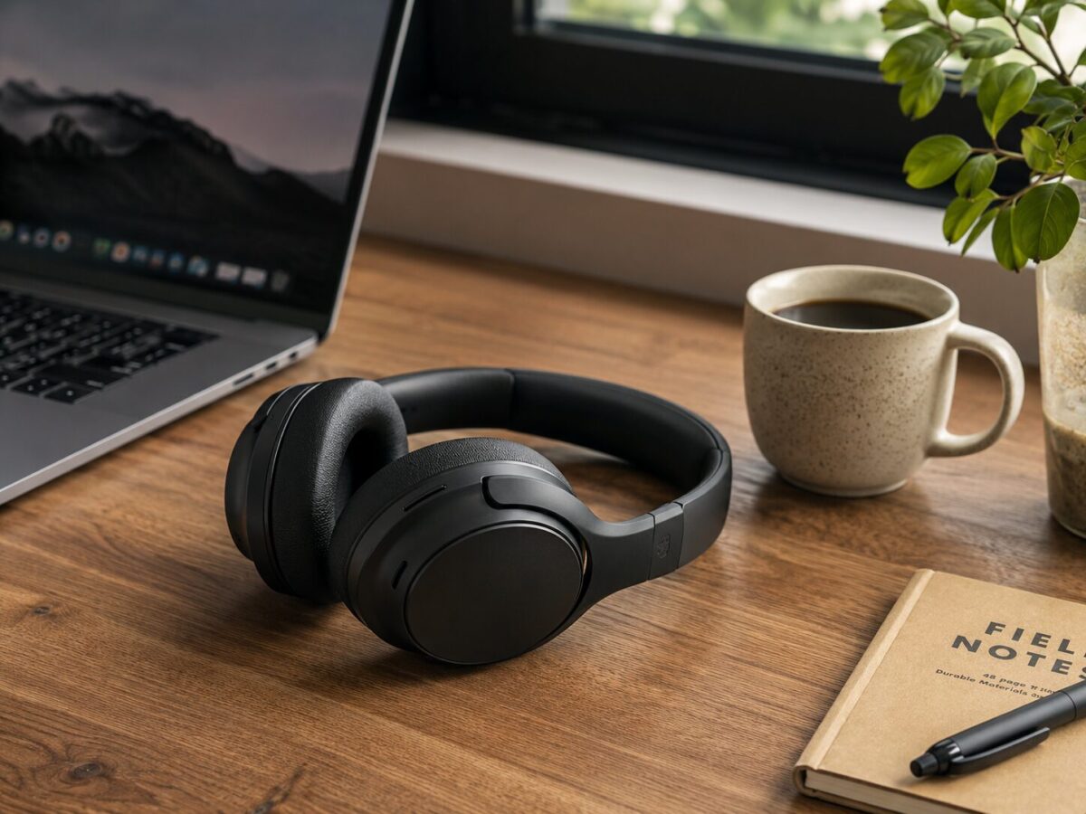 Black over-ear wireless noise cancelling headphones on a wooden desk with a laptop and coffee