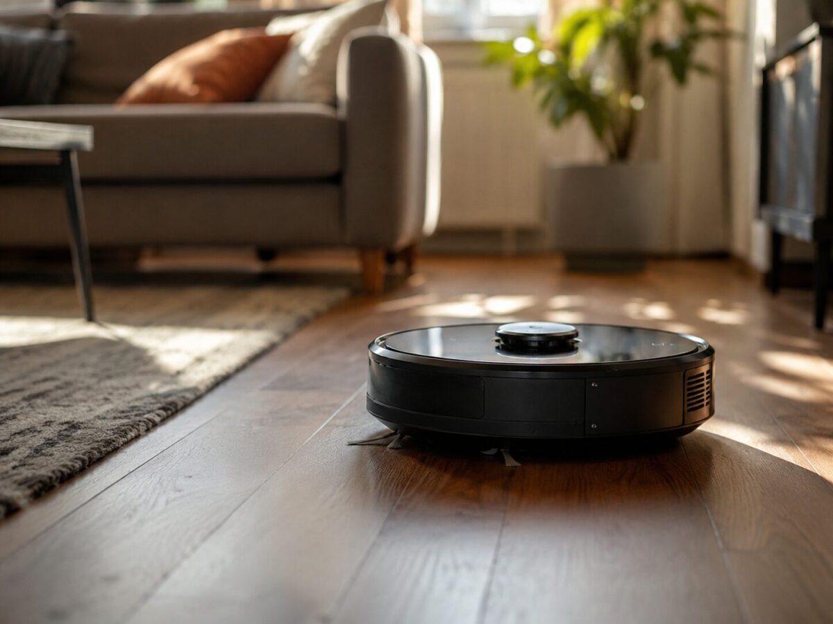 Robot vacuum cleaning a hardwood floor in a living room