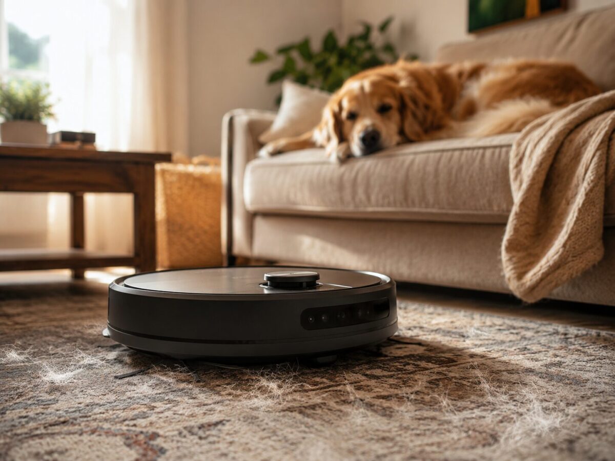 Robot vacuum picking up pet hair on a rug while a dog naps nearby