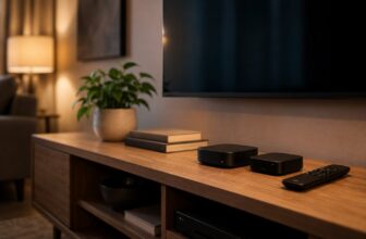 Streaming devices on a living room media console under a TV