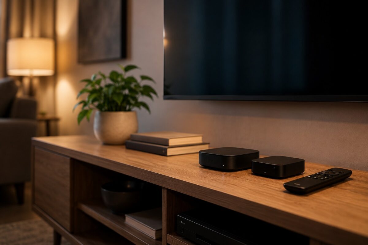 Streaming devices on a living room media console under a TV