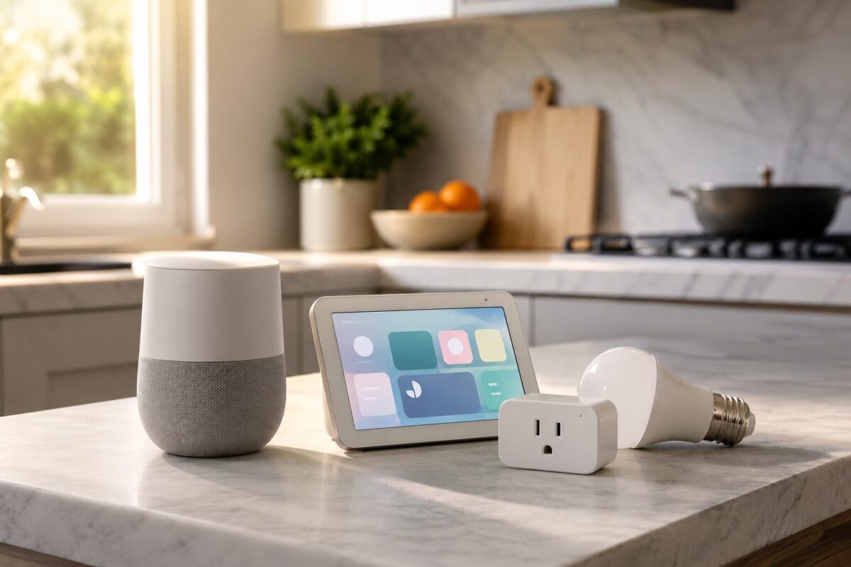 Smart speaker, smart display, smart plug and smart bulb on a kitchen counter