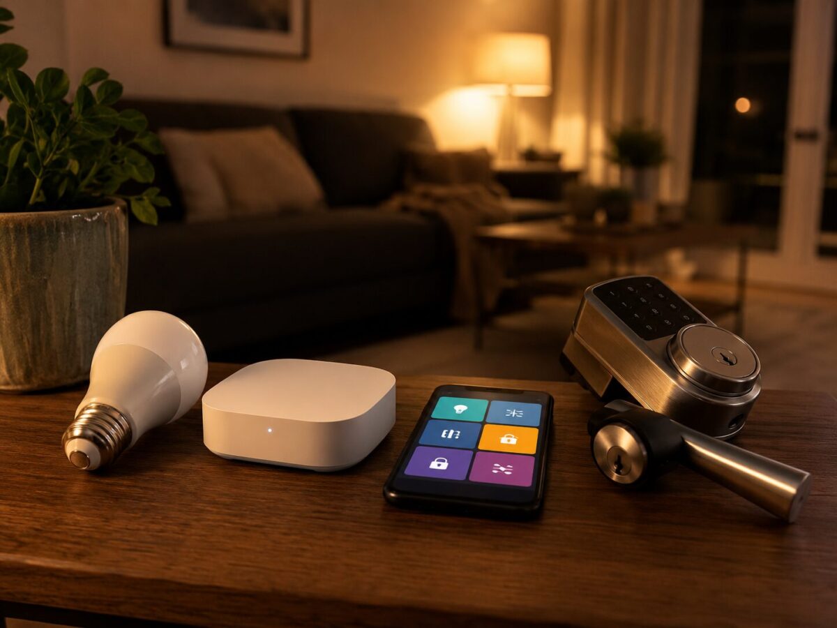 Smart bulb, hub and smart lock on a wooden side table next to a phone with a home app