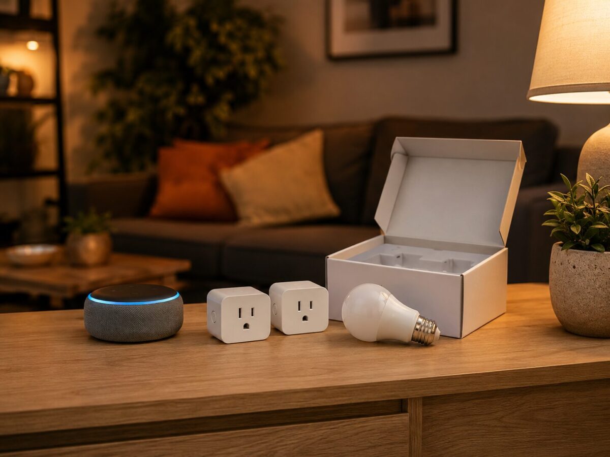 Smart speaker, two smart plugs and a smart bulb arranged on a living room sideboard