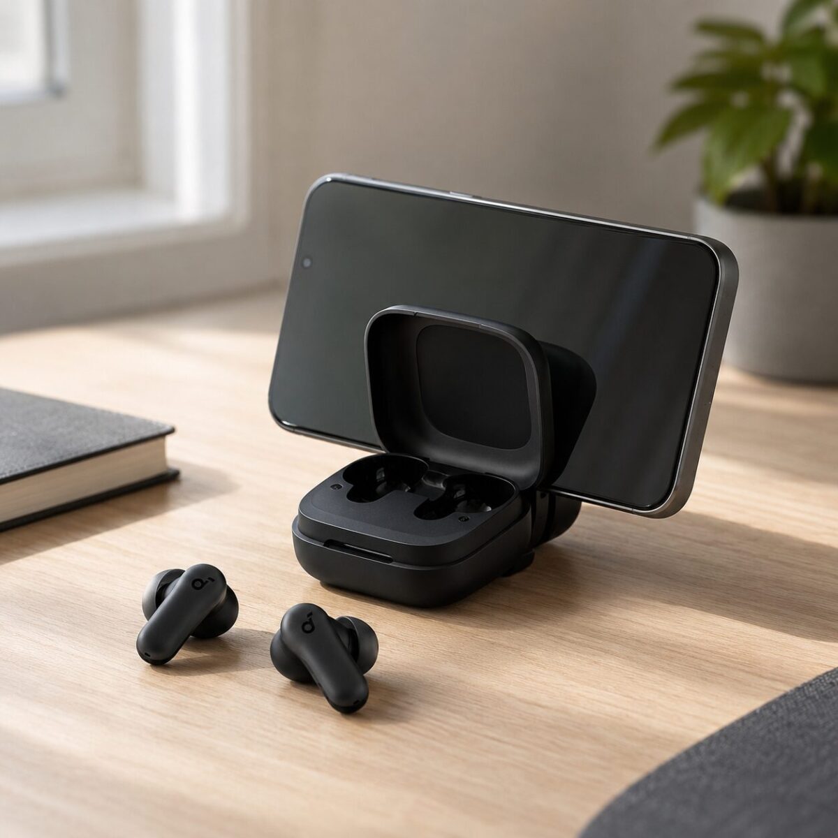 Soundcore P30i by Anker black wireless earbuds with charging case phone stand on wooden desk