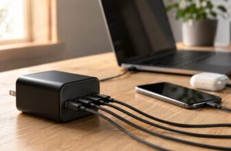 UGREEN Nexode 100W four port USB-C GaN charger on a wood desk with cables plugged in