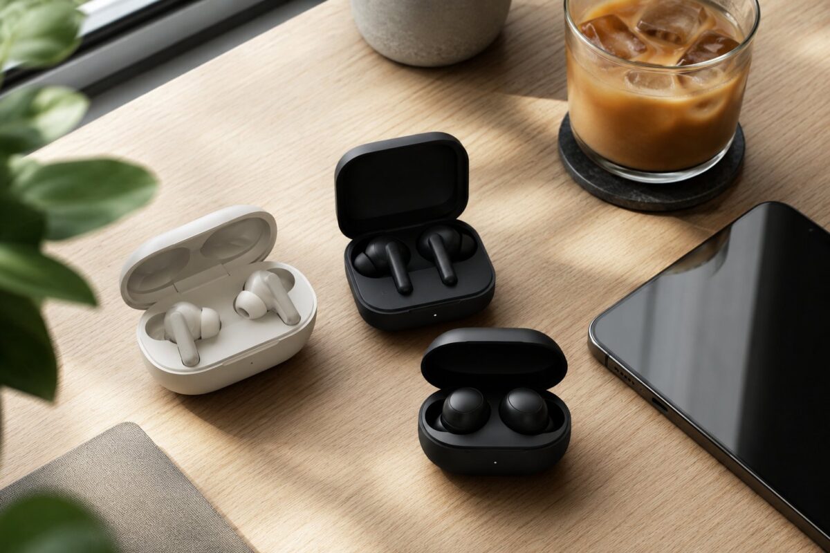 Three pairs of wireless earbuds with open charging cases on a wood desk near a phone