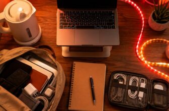 Back to school dorm gear on a wood desk with backpack, laptop stand, LED strip lights and electric kettle