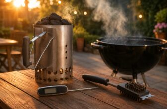 Meat thermometer, chimney starter and grill brush on a wooden patio table next to a charcoal grill at golden hour