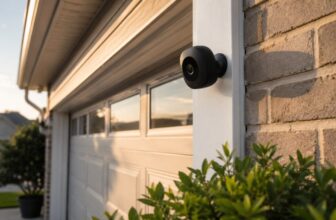 Blink Outdoor 4 style black wireless security camera mounted on white garage corner trim beside a brick wall
