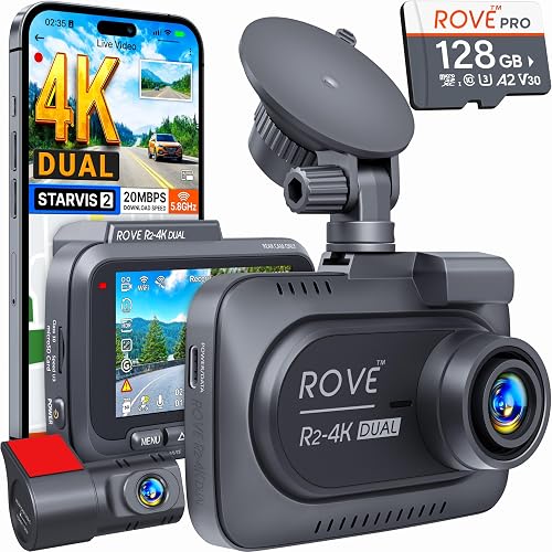 ROVE R2-4K DUAL dash cam front unit, rear camera and included cables