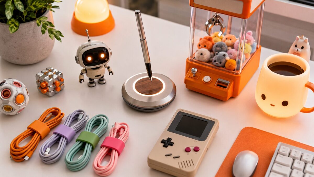 Desk covered in nerdy gadgets including a retro handheld console, mini robot figure and glowing mug
