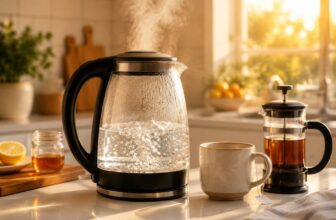 Glass electric kettle boiling on a white kitchen counter with a mug and french press nearby