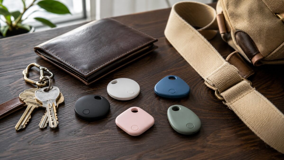 Bluetooth tracker tags in different colors on a dark wood table with keys, wallet and backpack strap