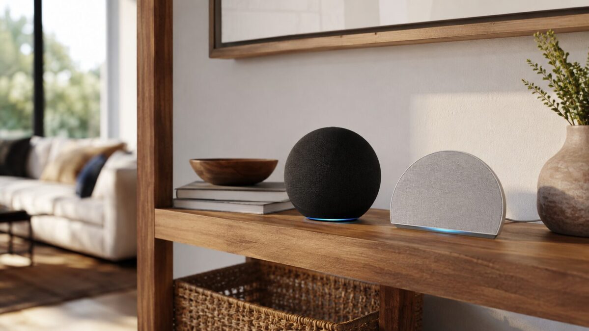 Two small smart speakers side by side on a living room shelf, one spherical and one wedge shaped