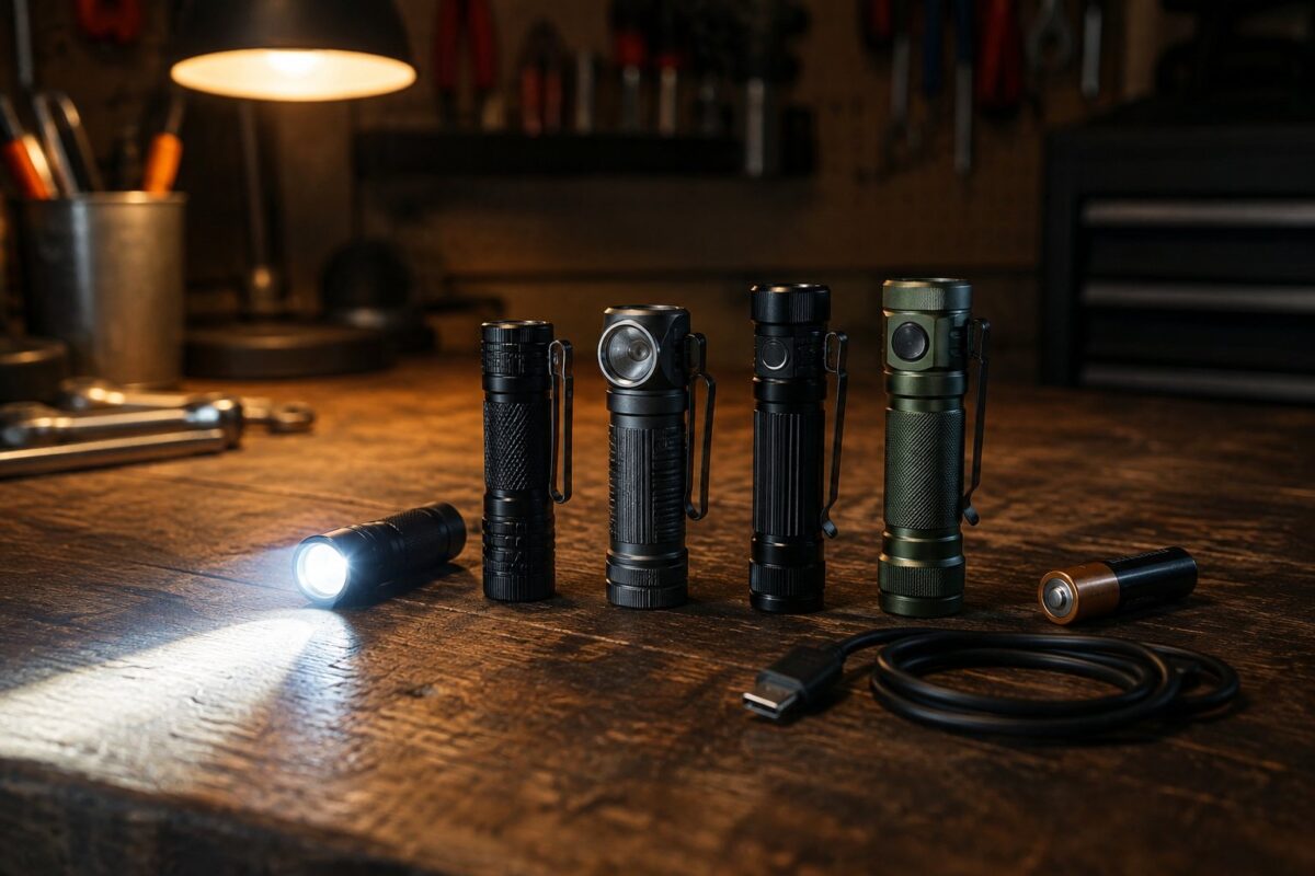 Four compact EDC flashlights on a wooden workbench with one switched on casting a beam