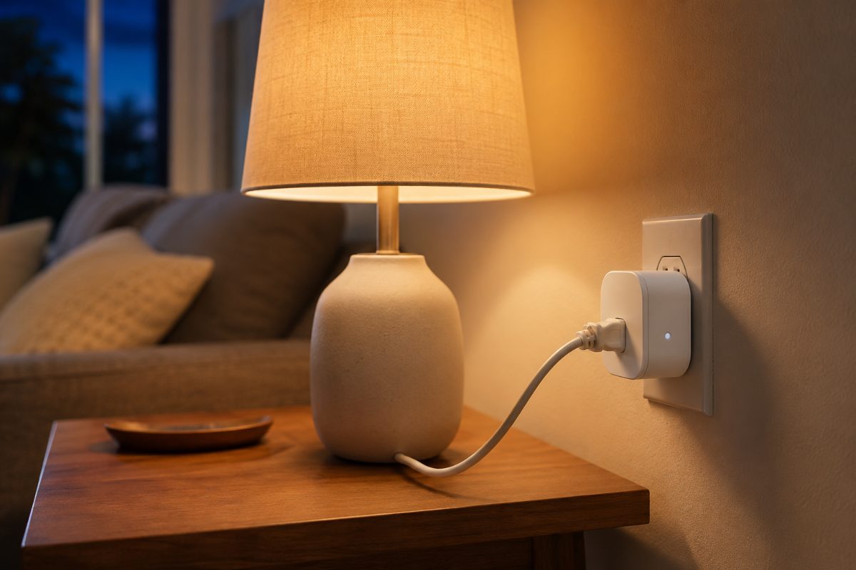 White smart plug in a wall outlet powering a warm table lamp in a living room