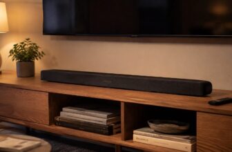 Slim soundbar on a wooden TV console under a wall mounted TV
