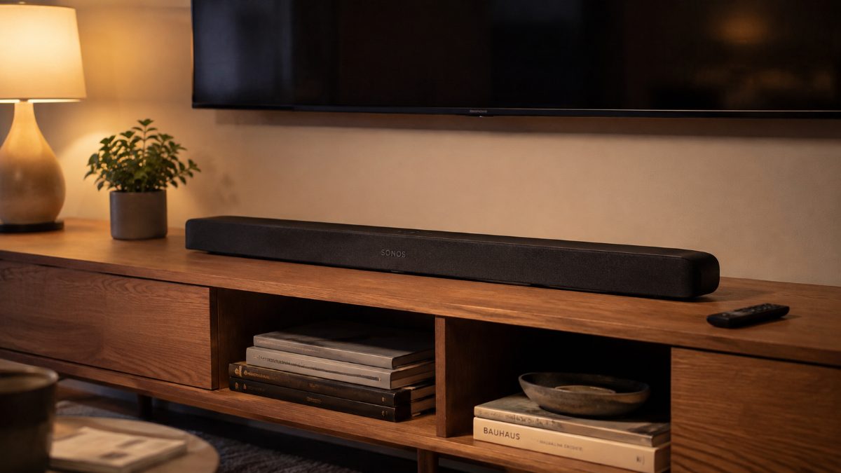 Slim soundbar on a wooden TV console under a wall mounted TV