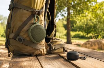 Small portable speaker clipped to a backpack strap with a palm size speaker on a picnic table