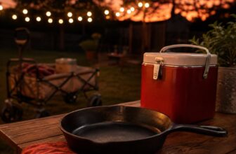 Cast iron skillet, retro cooler and folding wagon on a backyard table under string lights at dusk