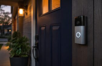 Video doorbell mounted beside a navy front door at dusk with porch light
