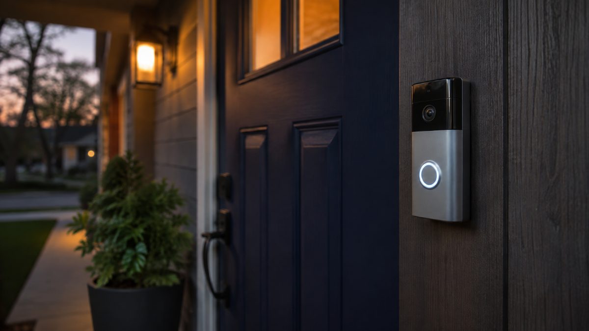 Video doorbell mounted beside a navy front door at dusk with porch light