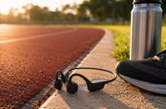 Shokz OpenRun Pro 2 style bone conduction headphones on a running track next to a running shoe, AI illustration
