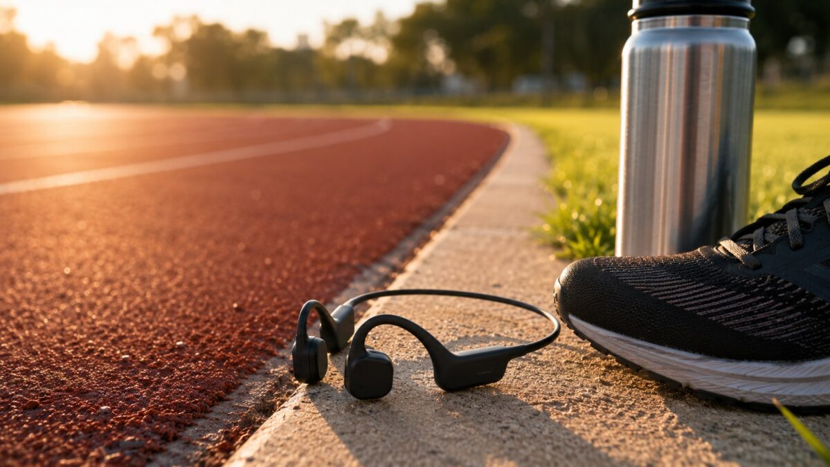 Shokz OpenRun Pro 2 style bone conduction headphones on a running track next to a running shoe, AI illustration