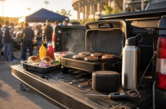 Portable speaker, water bottle, and meat thermometer on a truck tailgate near a small grill