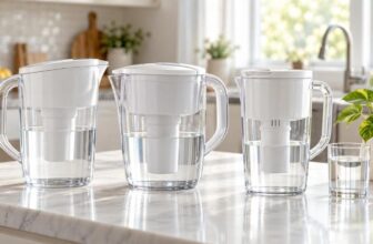 Three plain water filter pitchers on a marble kitchen counter beside a glass of water and a plant